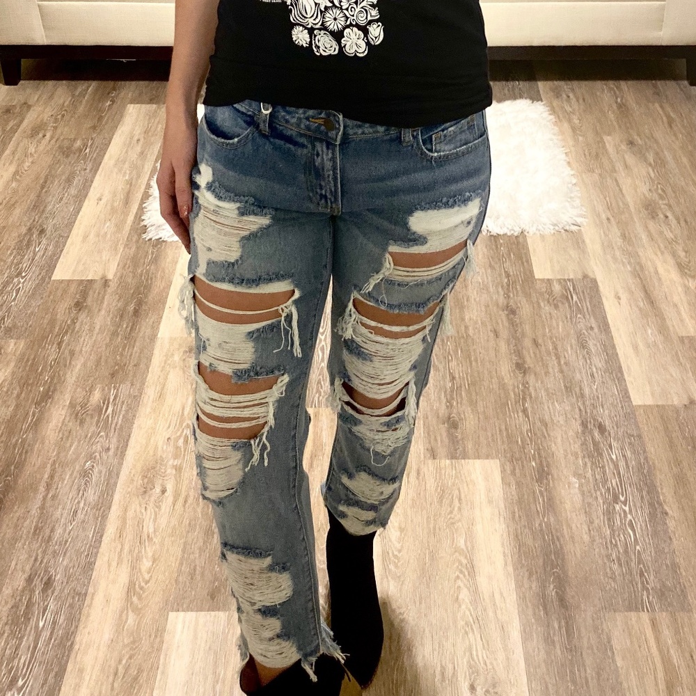 Mid Rise Distressed Boyfriend Jeans